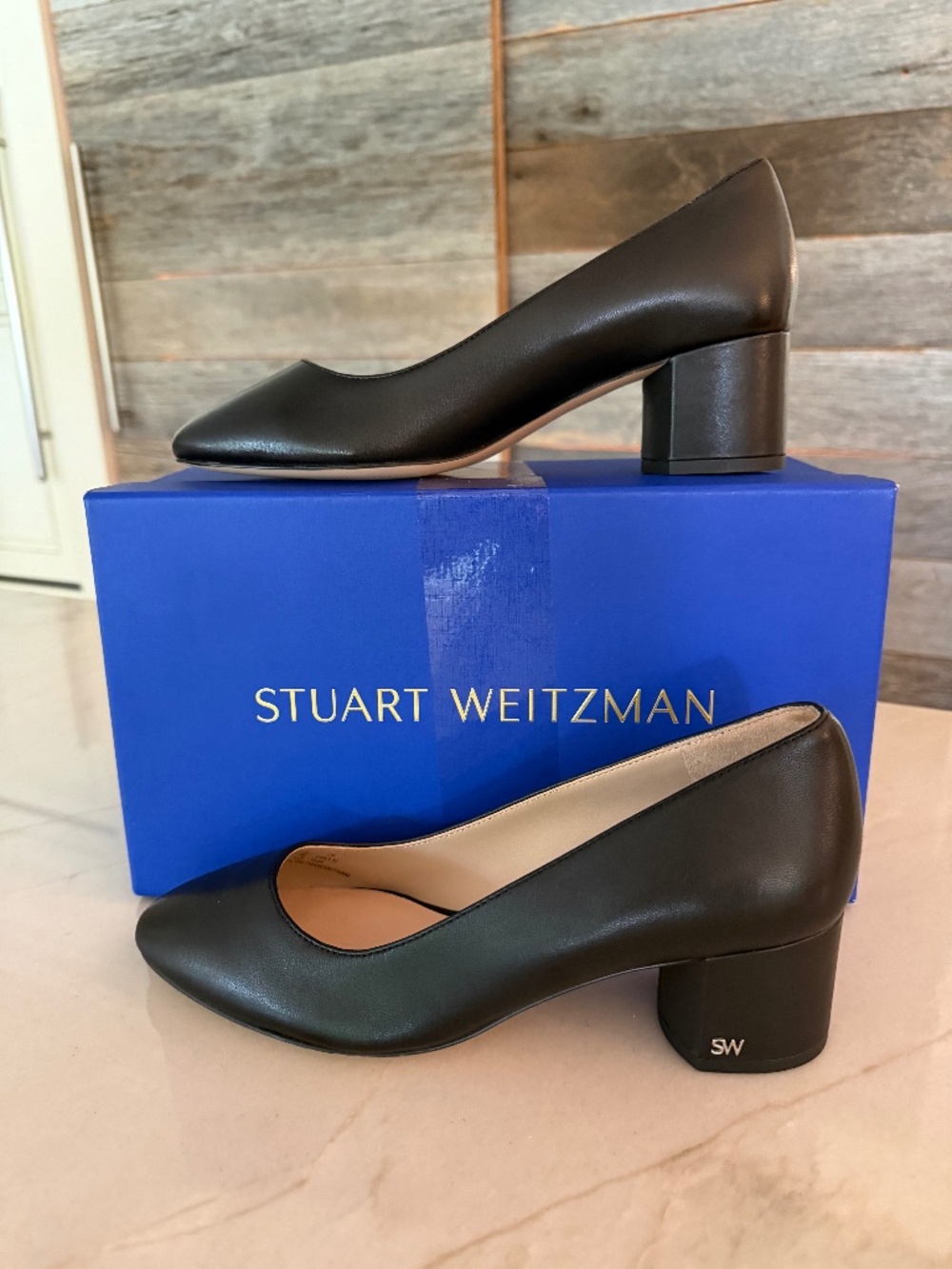 Stuart Weitzman Bridget 50 Block Leather Pump, Black Size 7 Woman's